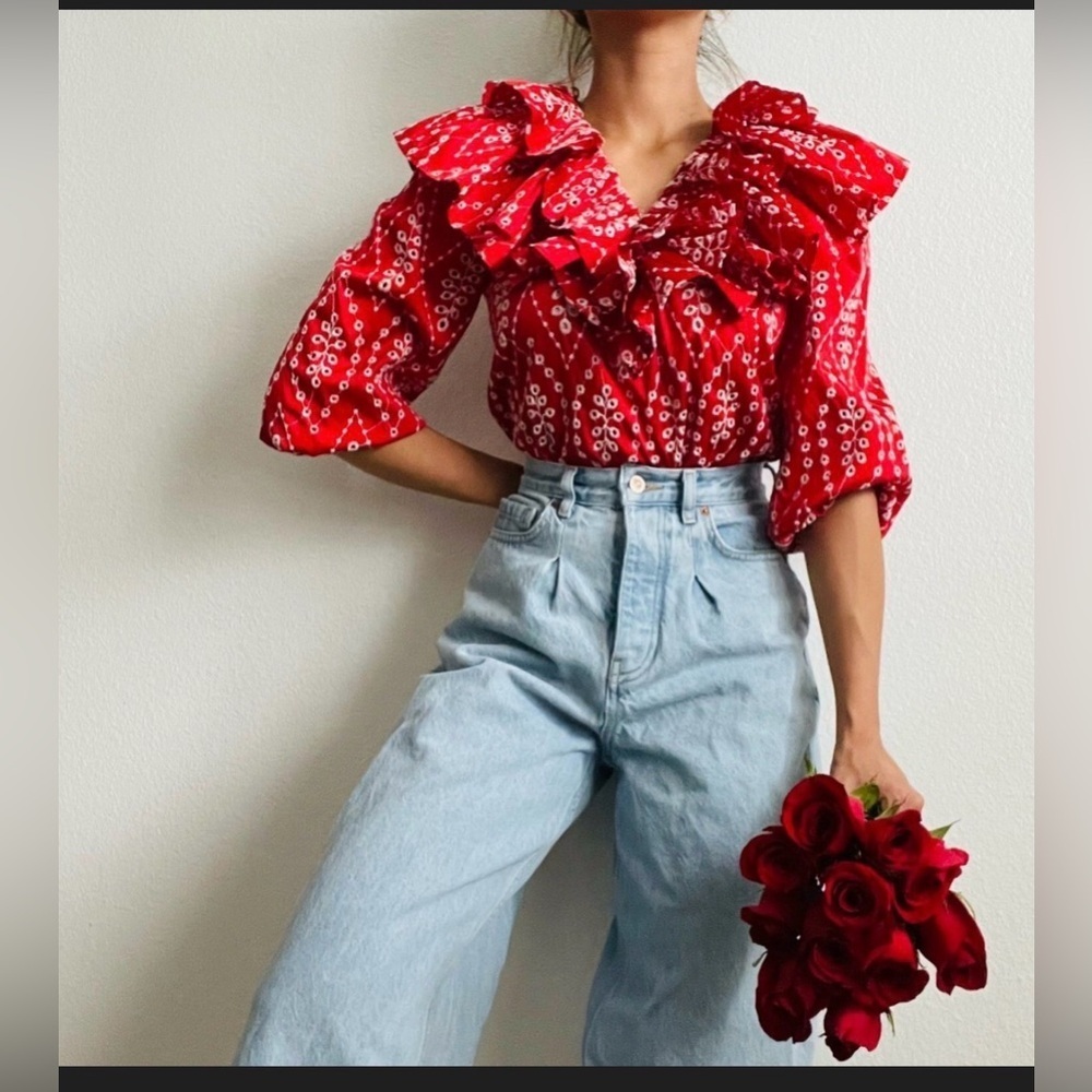 ZARA Openwork Embroidered Ruffle Top in Red, size S - Picture 3 of 9
